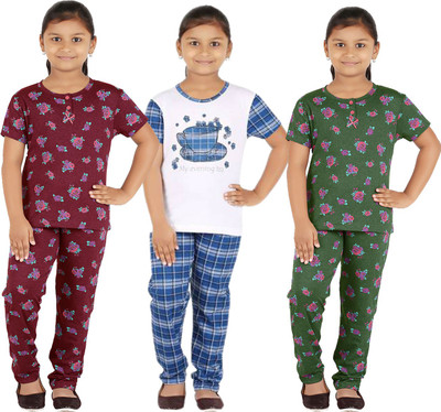 FICTIF Kids Nightwear Girls Printed Cotton Blend(Multicolor Pack of 2)