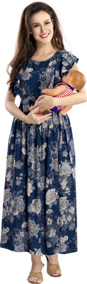 AV2 Women Printed Flared Kurta(Dark Blue)