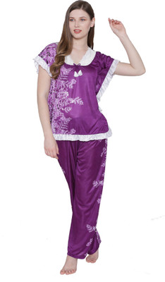 PHALIN Women Printed Purple, White Top & Pyjama Set