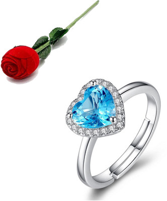MYKI Exclusive Sea Blue Adjustable Ring For Wmen & Girls with Rose box packing Stainless Steel Cubic Zirconia Silver Plated Ring