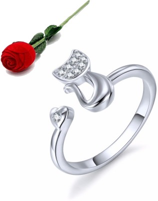MYKI Adorable Cat Cubic Zircon Silver Adjustable Ring For Women & Girls with Rose box packing Stainless Steel Cubic Zirconia Silver Plated Ring