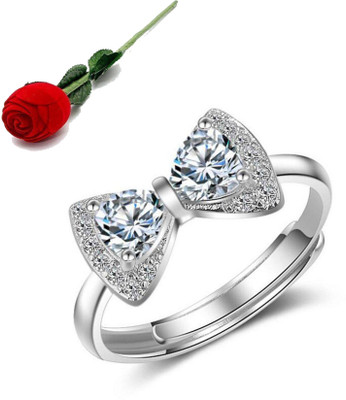 MYKI Korean vogue bow Adjustable ring For Women & Girls (Silver with Rose box packing Stainless Steel Cubic Zirconia Silver Plated Ring
