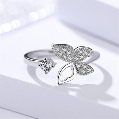 MYKI Beautifully Crafted Hollow Wing Butterfly Cubic Zircon Adjustable Ring For Women & Girls with Rose box packing Stainless Steel Cubic Zirconia Silver Plated Ring