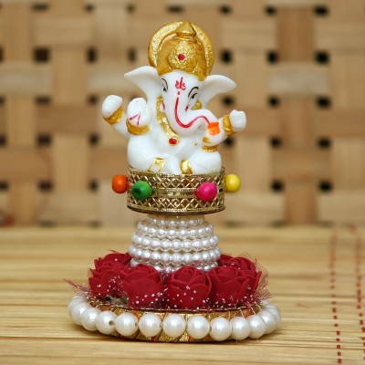 eCraftIndia Lord Ganesha Idol on Handcrafted Plate for Home and Car Decorative Showpiece  -  13 cm(Polyresin, Red, White, Gold)