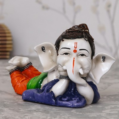 eCraftIndia Decorative Lord Ganesha in resting position Decorative Showpiece  -  12 cm(Polyresin, Blue, Orange, White)