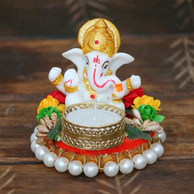 eCraftIndia Lord Ganesha Idol on Plate Decorative Showpiece  -  8 cm(Polyresin, Red, Gold, Orange, Green)