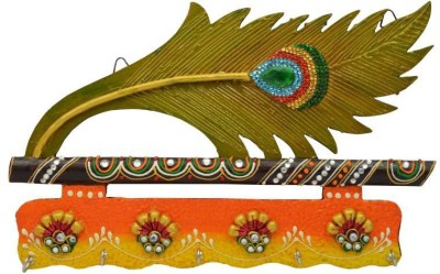 Paheli Craft Wooden Paper Mache Peacock Feather Mor Pankhi Key Holder with 5 Hooks (15X10 inch, Multicolour) Wood Key Holder(5 Hooks, Multicolor)