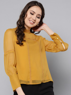 Marie Claire Casual Cuffed Sleeve Solid Women Yellow Top