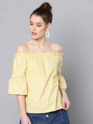 Marie Claire Casual Bell Sleeve Checkered Women Yellow Top