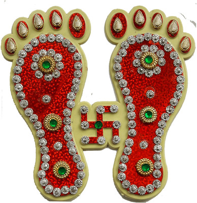 SK Craft Acrylic Multicolor Stone Laxmi Charan with Swastik Floor or Wall Decoration (Red)-4.5 x 4.5 Inches Religious Footprint(Plastic)