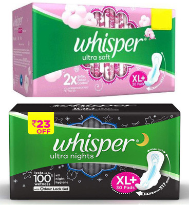 Whisper Super Saver Pack of Ultra Soft & Ultra Night (30+30) Pad Sanitary Pad(Pack of 2)