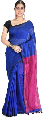 Desh Bidesh Self Design, Color Block Handloom Cotton Blend, Pure Silk Saree(Blue)