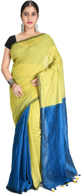 TANTLOOM Color Block Handloom Handloom Cotton Blend, Pure Silk Saree(Yellow)