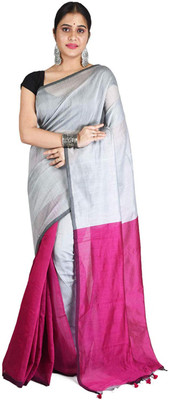 TANTLOOM Color Block Handloom Handloom Cotton Blend, Pure Silk Saree(Grey)