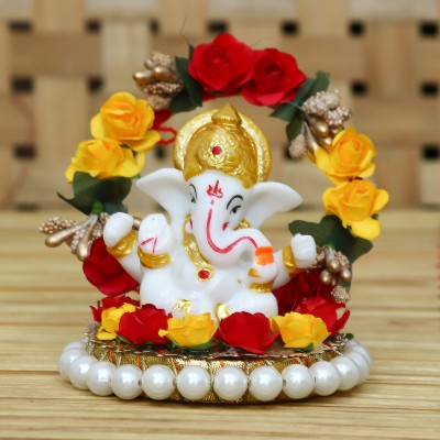 eCraftIndia Lord Ganesha Idol on Decorative Handcrafted Plate for Home and Car Decorative Showpiece  -  9 cm(Polyresin, Multicolor)