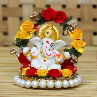 eCraftIndia Lord Ganesha Idol on Decorative Handcrafted Plate for Home and Car Decorative Showpiece - 9 cm(Polyresin, Multicolor)
