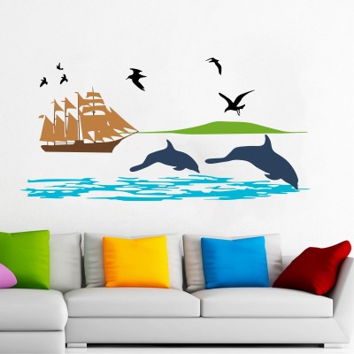 Decal O Decal 45 cm Sea with Dolphin and Ship Wall Stickers (PVC Vinyl,Multicolour) Self Adhesive Sticker(Pack of 1)