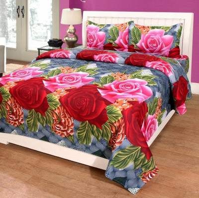 Muskan Collection Polycotton Double Flat 180 TC 3D Printed Bedsheet(Pack of 1, red flowers)