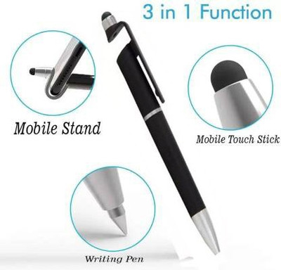 Klowage 3 in 1 Smartphone Stand Holder, Screen Wipe and Ballpoint Pen Mobile Phone Holder for All Smartphones Ball Pen(Ink Color - Black)