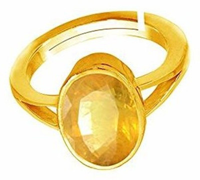 Chopra Gems Untreatet Natural Yellow Sapphire Pukhraj Ring for Women's/Men's {Lab Certified} Brass Sapphire Gold Plated Ring