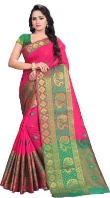 Vishnu Creations Self Design, Woven Banarasi Cotton Linen Saree(Pink)