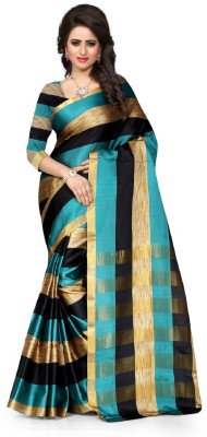 Jhilmil Fashion Striped Bollywood Cotton Blend Saree(Green)