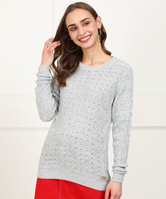 Park Avenue Solid Round Neck Casual Women Grey Sweater