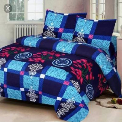 Muskan Collection 180 TC Polycotton Double 3D Printed Flat Bedsheet(Pack of 1, Navy)