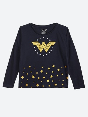 Wonder Woman By Kidsville Girls Printed Pure Cotton T Shirt(Blue, Pack of 1)