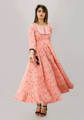 MAHAGEETA Women Printed Flared Kurta(Pink)