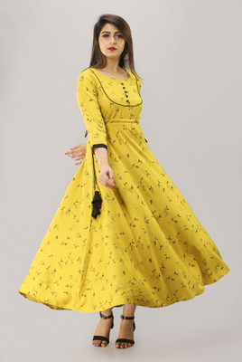 Mahageeta Women Printed Flared Kurta(White, Black, Yellow)