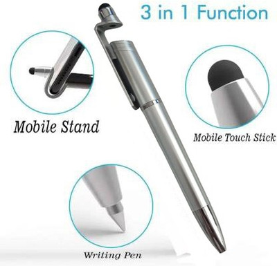 Klowage 3 in 1 Smartphone Stand Holder, Screen Wipe and Ballpoint Pen Mobile Phone Holder for All Smartphones Ball Pen(Ink Color - Blue)