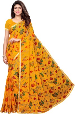 NIYAMI Printed, Embellished, Floral Print, Solid/Plain Daily Wear Georgette, Chiffon Saree(Yellow)