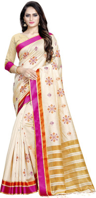 Ratnavati Self Design, Striped Bollywood Cotton Silk Saree(Cream)
