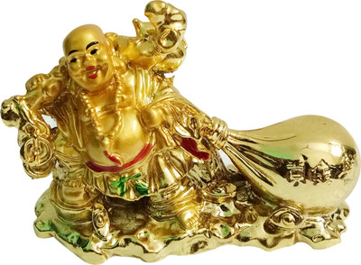 KSA CREATION Vastu/feng Shui Laughing Buddha with Money Potli for Wealth and Buisness Decorative Showpiece  -  3 cm(Polyresin, Gold)