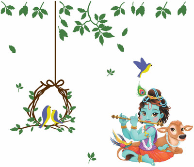 Divine studio 45 cm Wall Stickers | Wall Sticker for Living Room -Bedroom - Office - Home Hall Decor | Beautiful Decorative krishna 76cmx88cm Self Adhesive Sticker(Pack of 1)