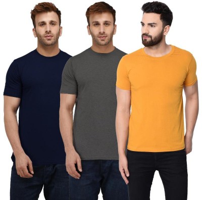 London Hills Solid Men Round Neck Blue, Grey, Yellow T-Shirt