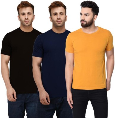 London Hills Solid Men Round Neck Blue, Black, Yellow T-Shirt