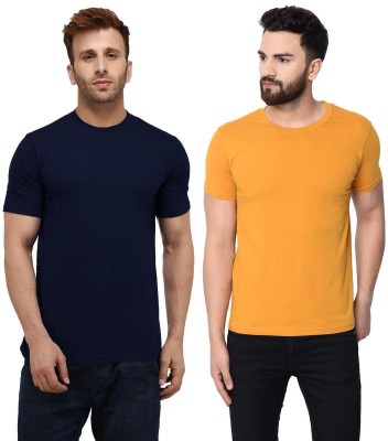 London Hills Solid Men Round Neck Blue, Yellow T-Shirt