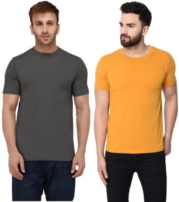 London Hills Solid Men Round Neck Grey, Yellow T-Shirt