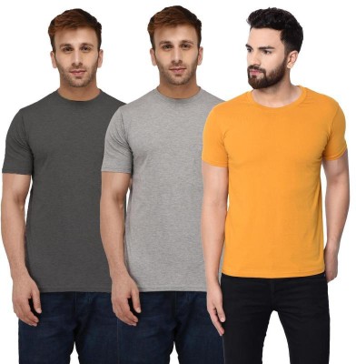 London Hills Solid Men Round Neck White, Grey, Yellow T-Shirt