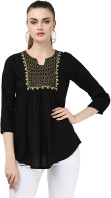 SAAKAA Party 3/4 Sleeve Embroidered Women Black Top