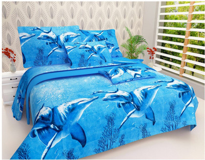 ITALICA CREATION 152 TC Cotton Double Printed Flat Bedsheet(Pack of 1, Blue)