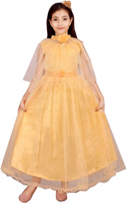 OBAID FASHION Girls Maxi/Full Length Party Dress(Yellow, 3/4 Sleeve)