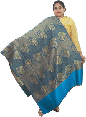 KAVIM Polyester Wool Blend Printed Women Shawl(Blue)
