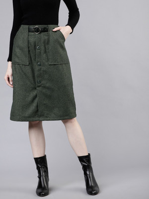 Tokyo Talkies Solid Women Flared Dark Green Skirt