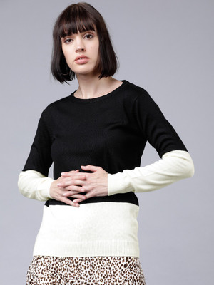 Tokyo Talkies Solid Round Neck Casual Women Black, White Sweater