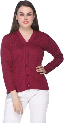 eWools Women Button Self Design Cardigan