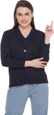 SatSun Solid V Neck Casual Women Blue Sweater