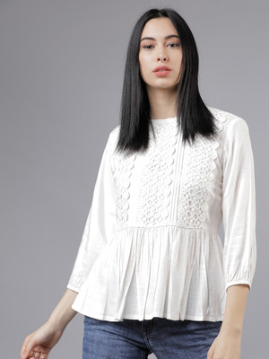 Tokyo Talkies Casual 3/4 Sleeve Solid Women White Top